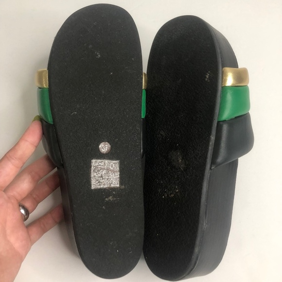 Sandro Black Green/Gold Striped Platform Slide on Sandals Size 37 - Picture 7 of 10